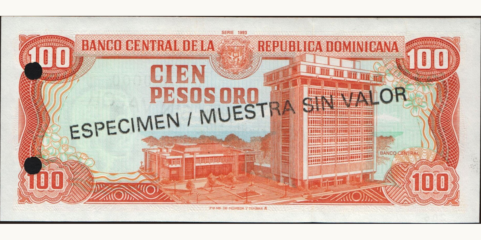 100 pesos Доминиканская Республика 1993 — Оборотная сторона