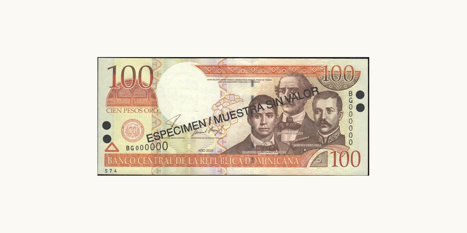 100 pesos Dominican Republic 2001 — Front side