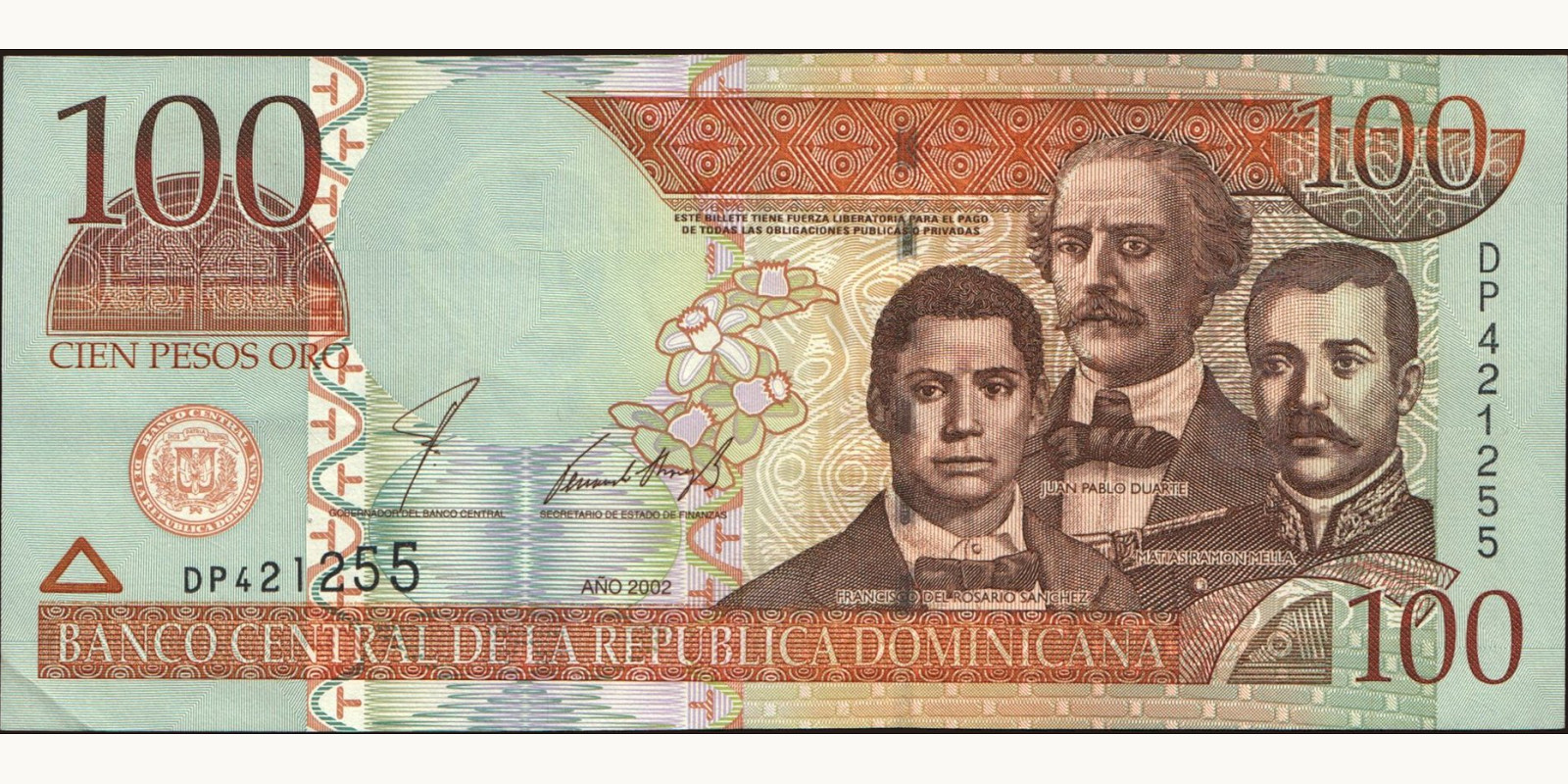 100 pesos Доминиканская Республика 2002 — Лицевая сторона