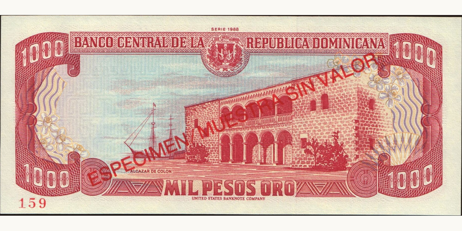 1000 pesos Dominican Republic 1988 — Back side