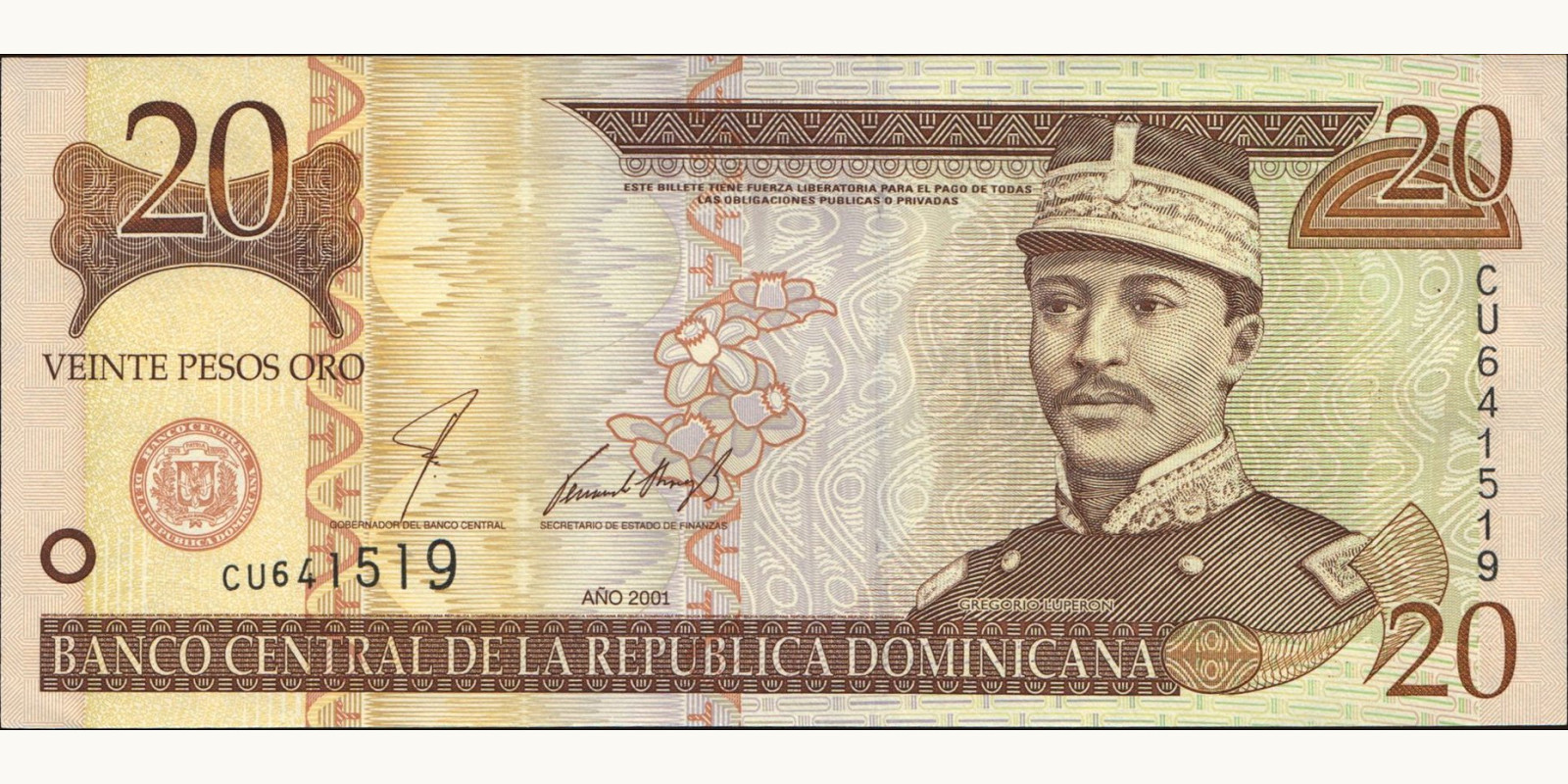 20 pesos Dominican Republic 2001 — Front side