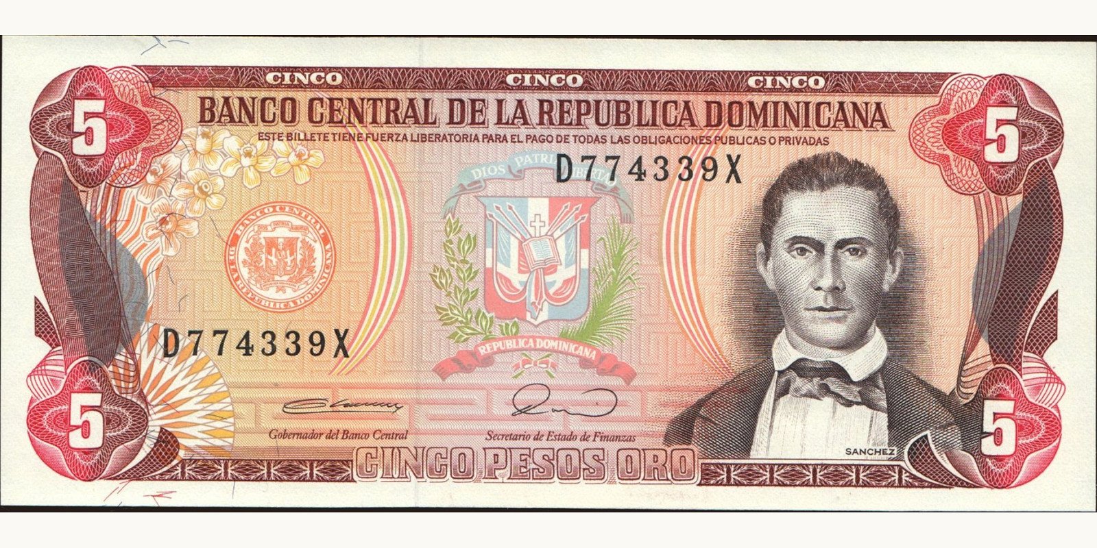 5 pesos Доминиканская Республика 1990 — Лицевая сторона