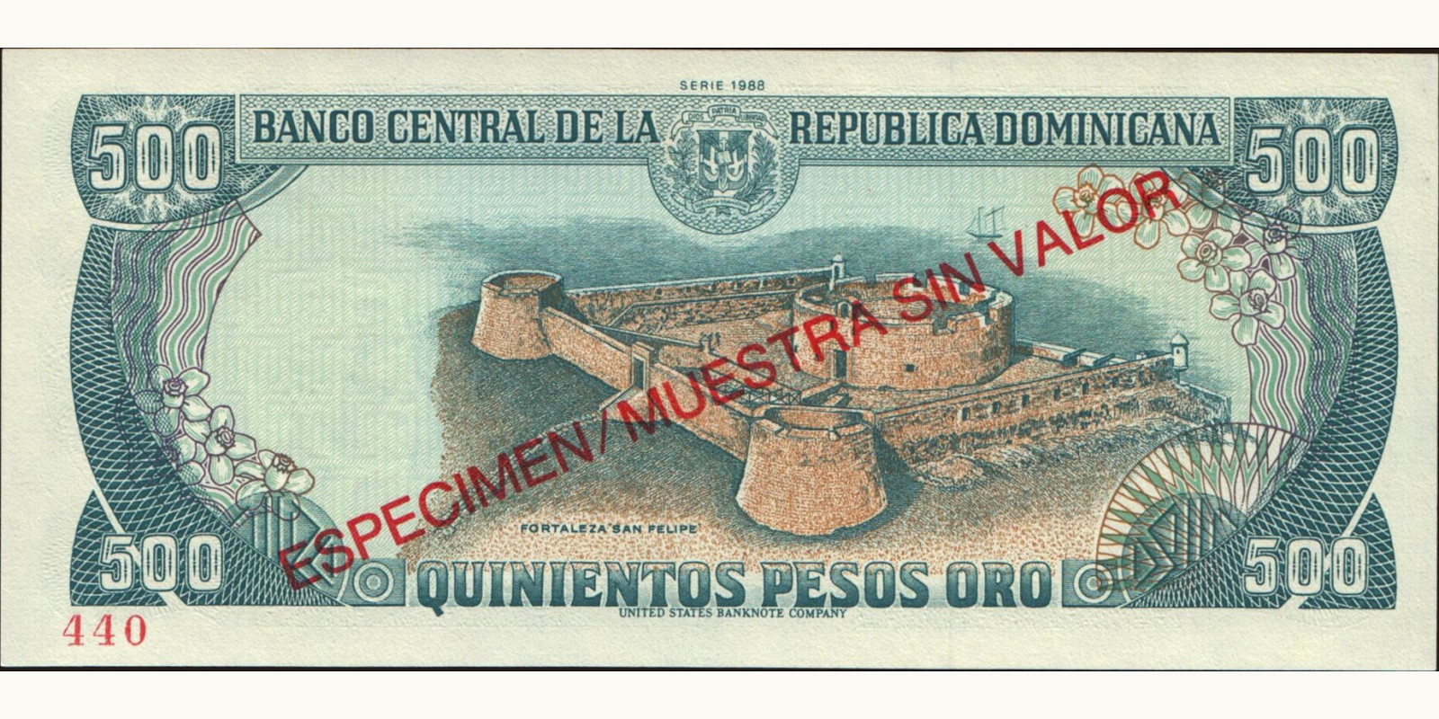 500 pesos Доминиканская Республика 1988 — Оборотная сторона