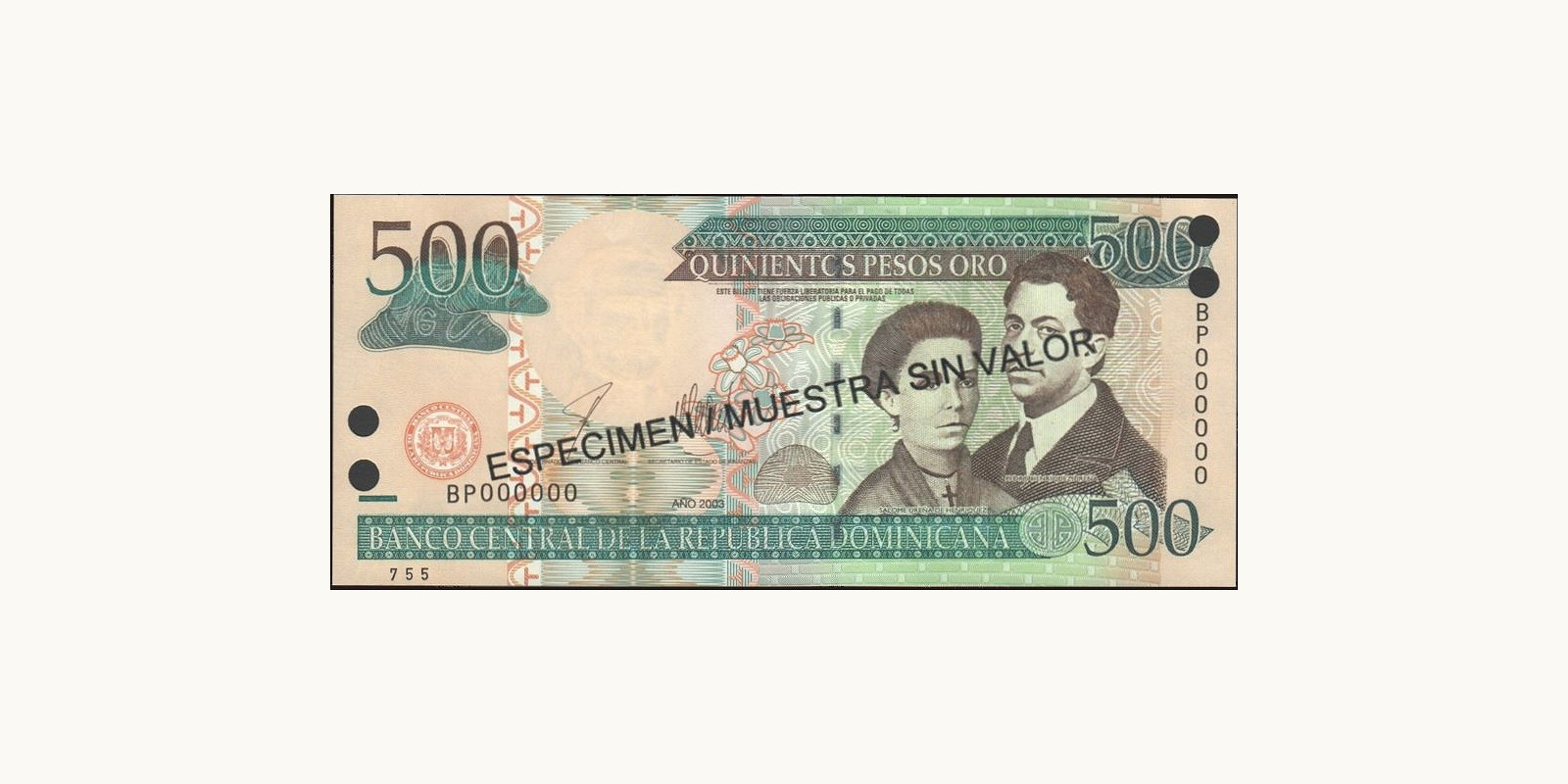 500 pesos Dominican Republic 2003 — Front side