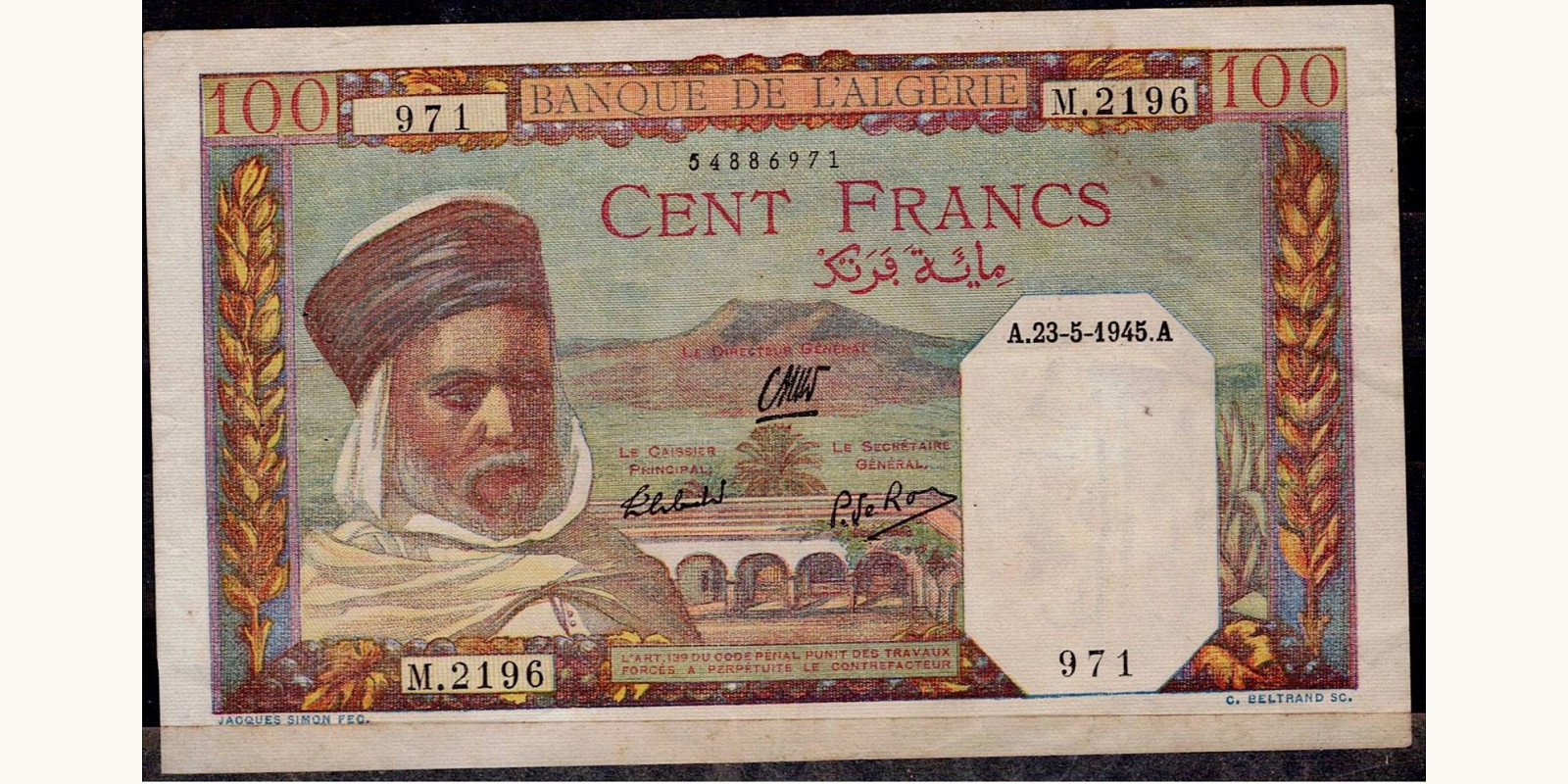 100 franc Алжир 1939 — Лицевая сторона