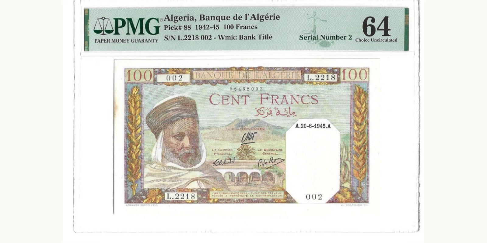 100 franc Алжир 1945 — Лицевая сторона
