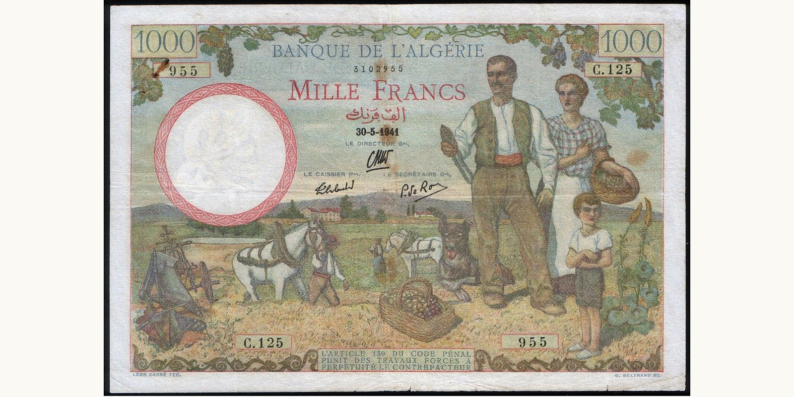 1000 franc Алжир 1941 — Лицевая сторона