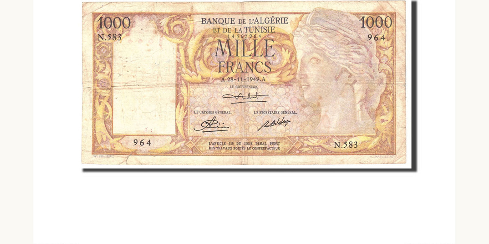 1000 franc Алжир 1949 — Лицевая сторона