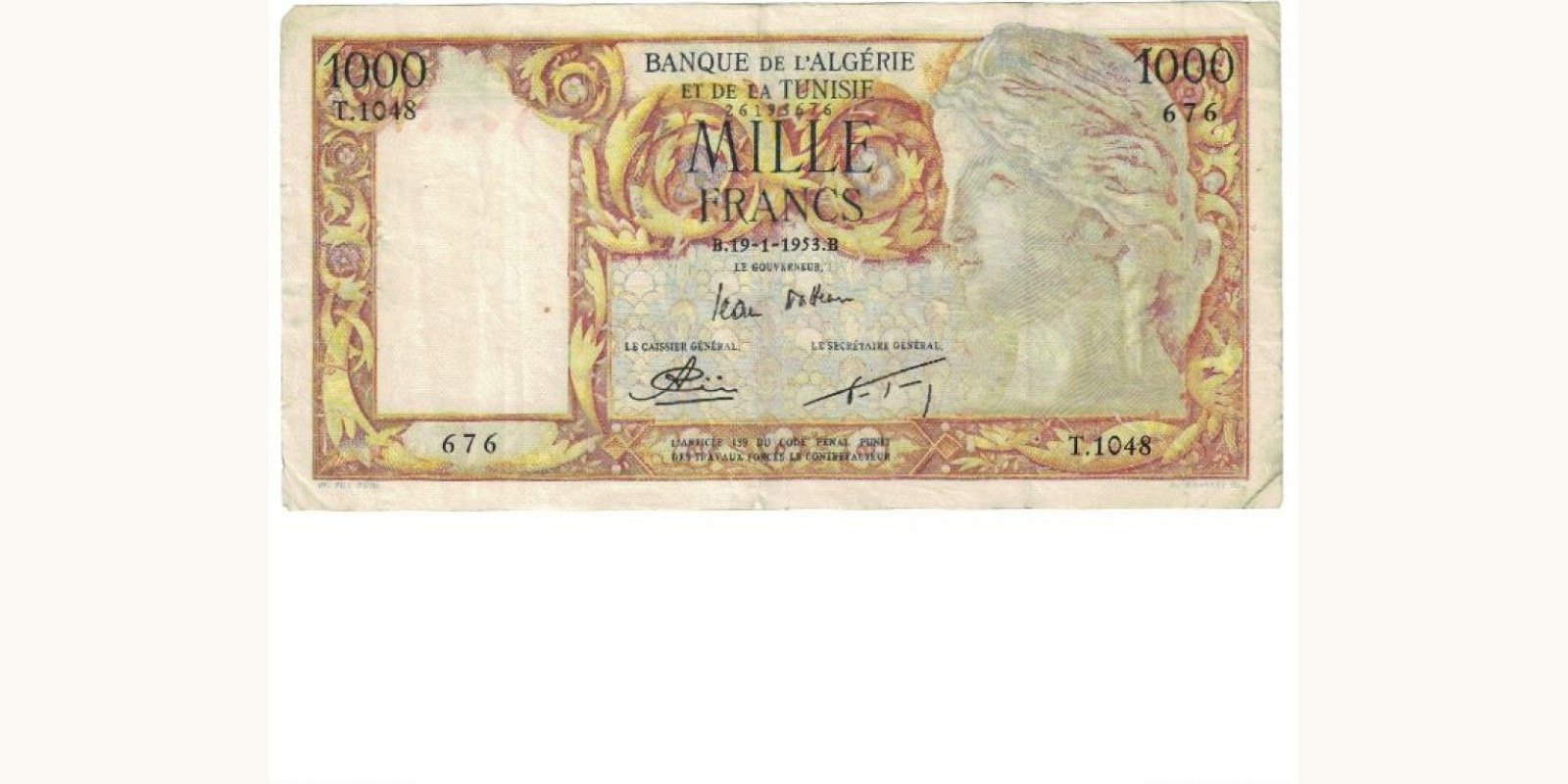 1000 franc Algeria 1953 — Front side