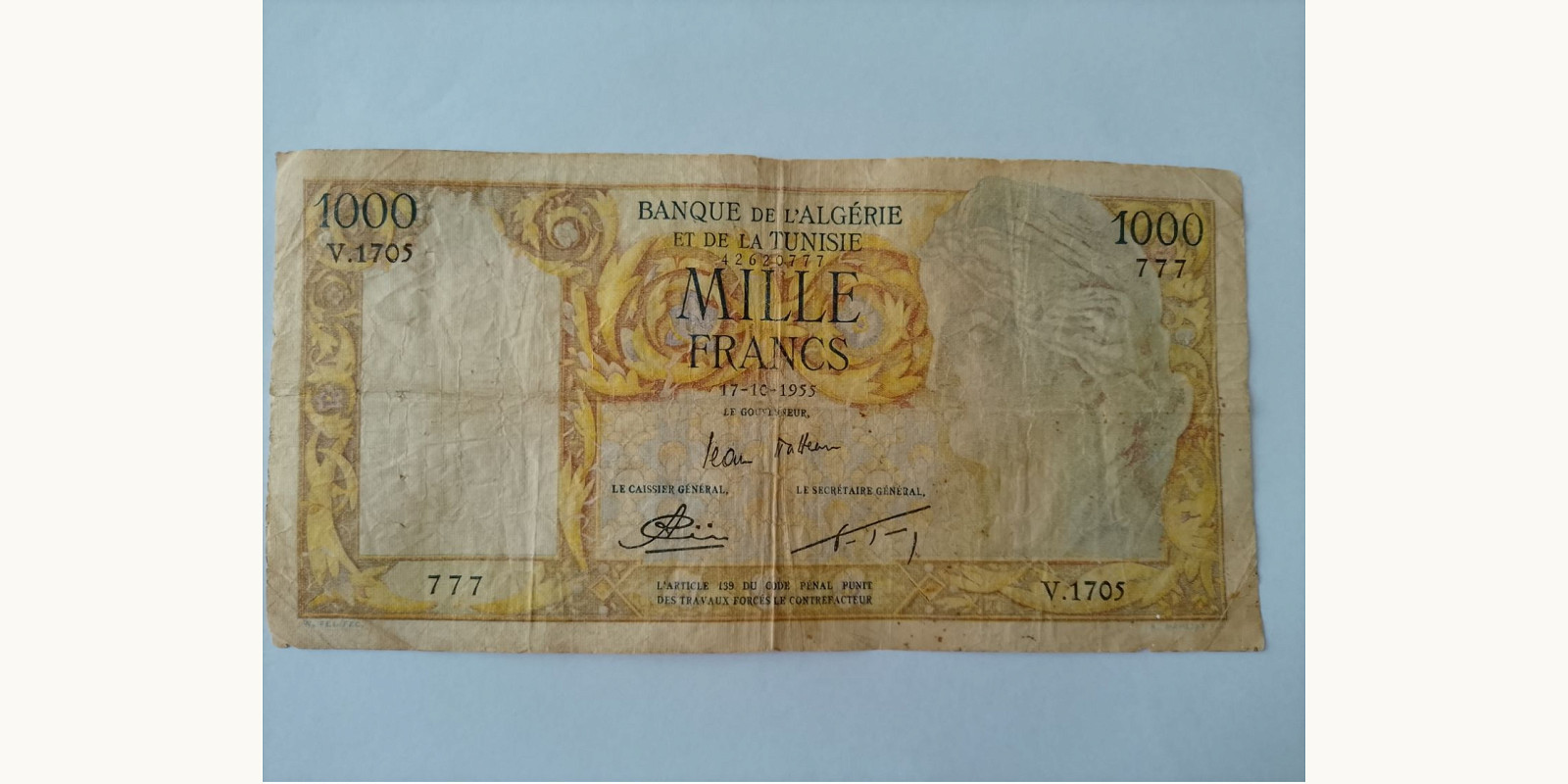 1000 franc Algeria 1955 — Back side