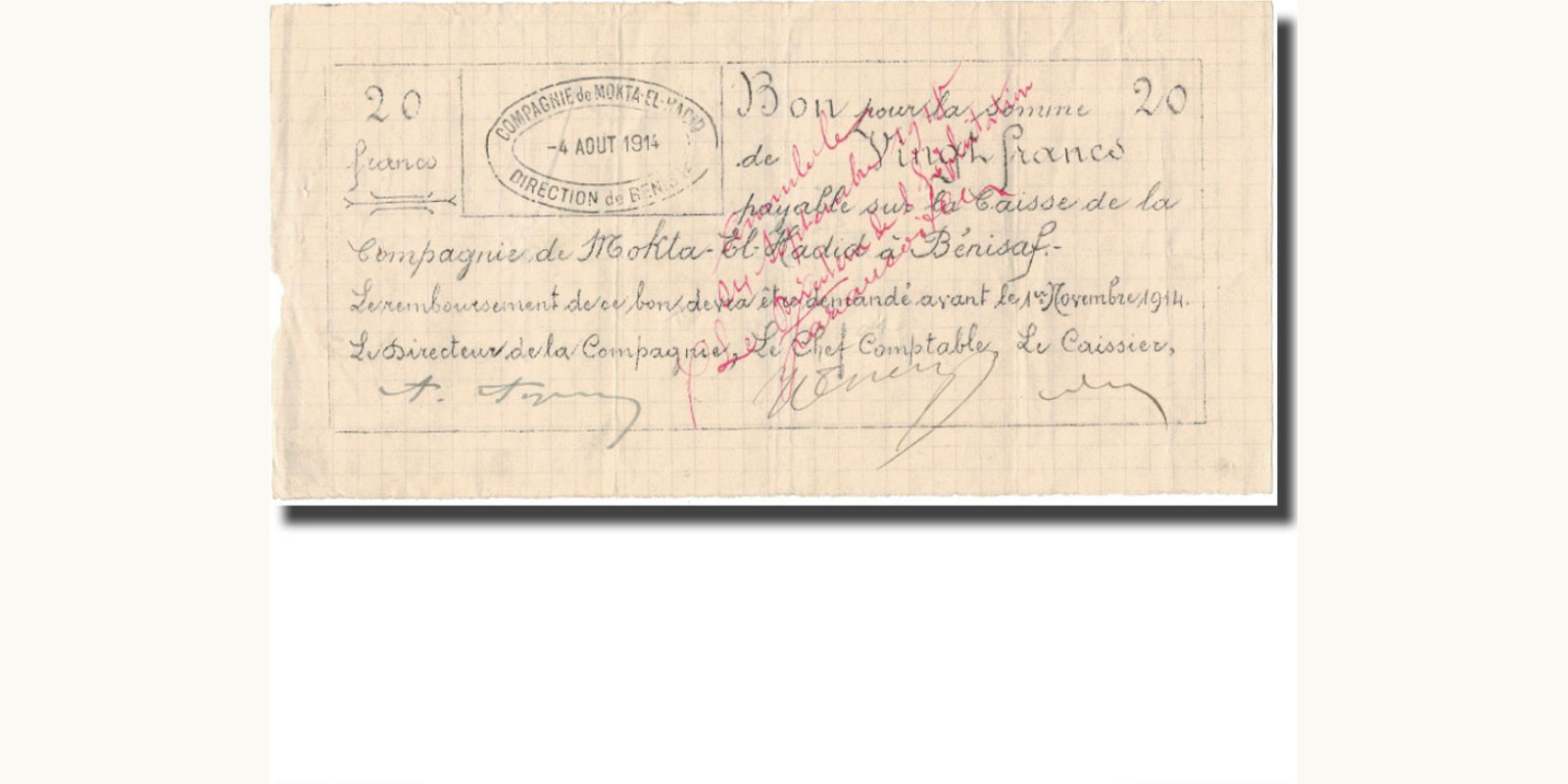 20 franc Algeria 1914 — Front side