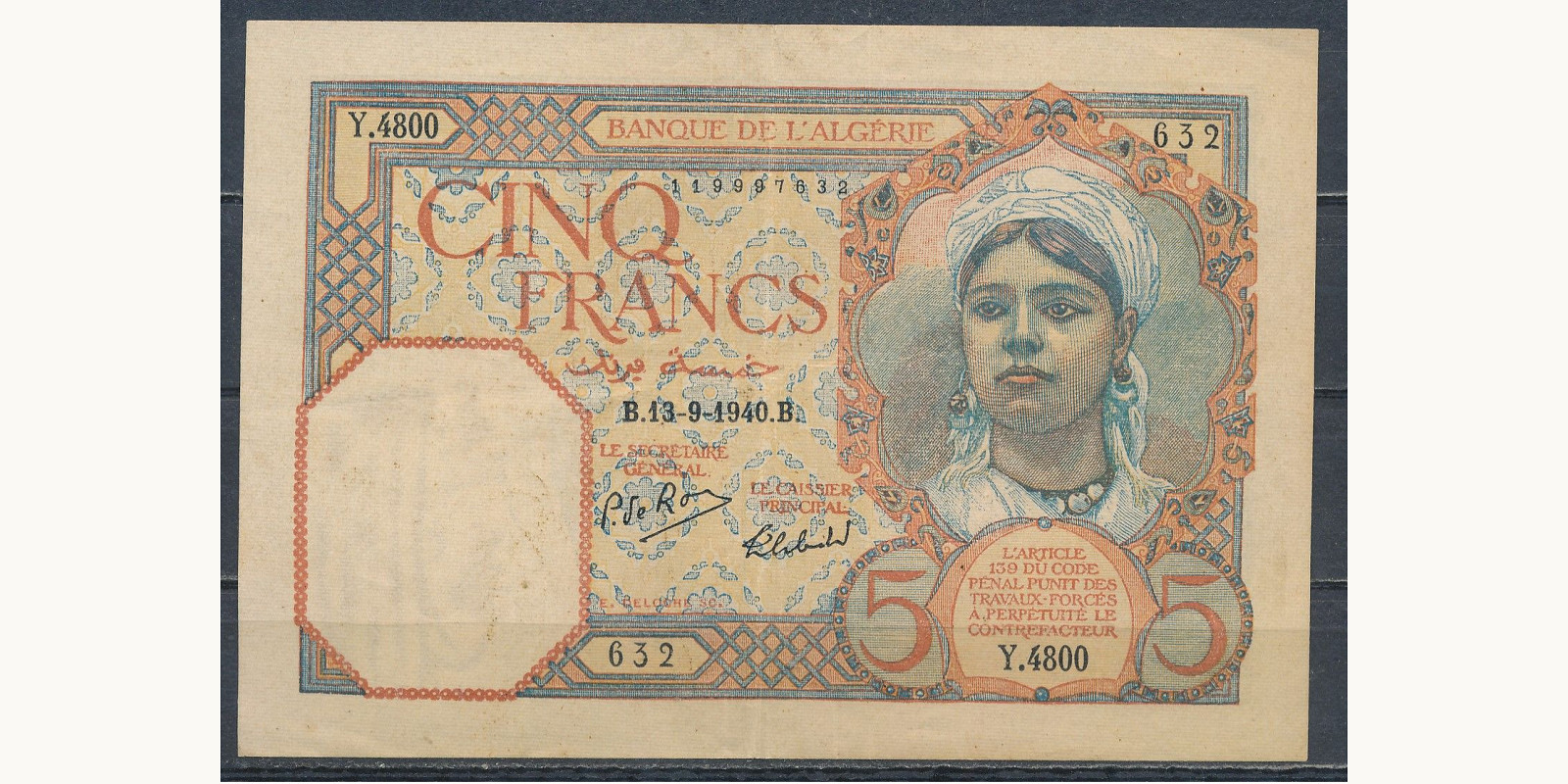 5 franc Algeria 1940 — Front side