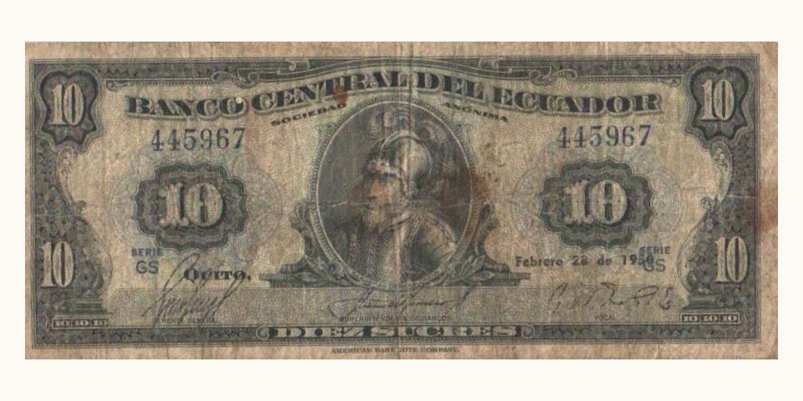 10 quitot Ecuador 1950 — Front side