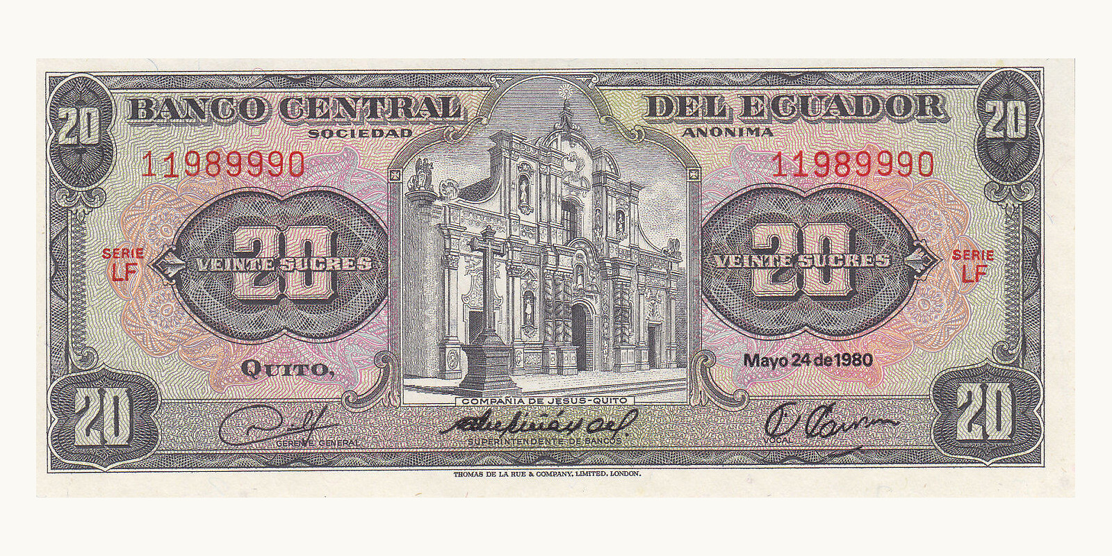 20 sucres Ecuador 1980 — Front side