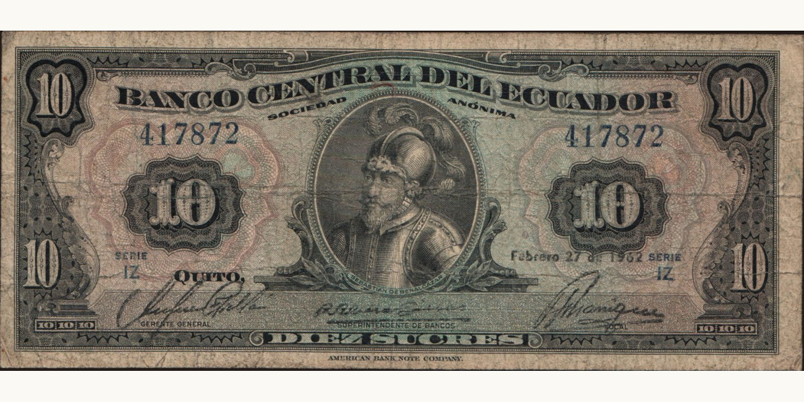 10 sucres Эквадор 1962 — Лицевая сторона