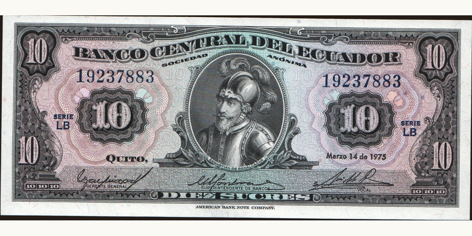 10 sucres Ecuador 1975 — Front side