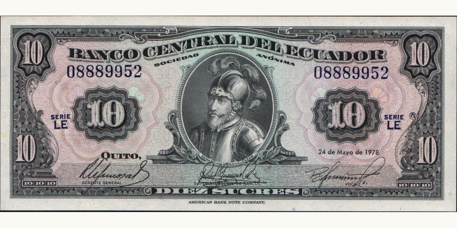 10 sucres Ecuador 1978 — Front side