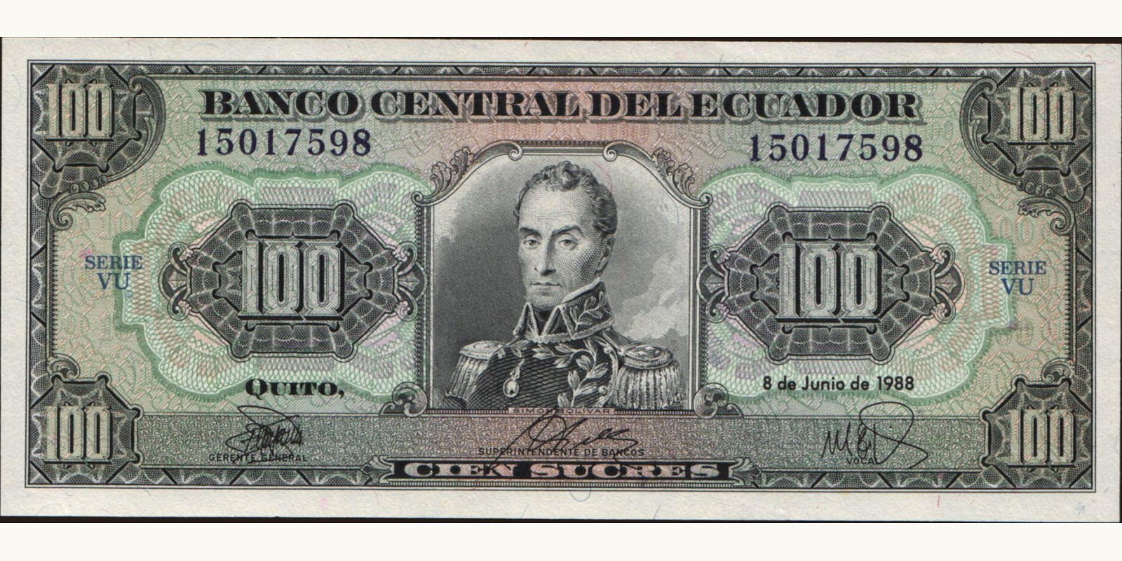 100 sucres Ecuador 1988 — Front side