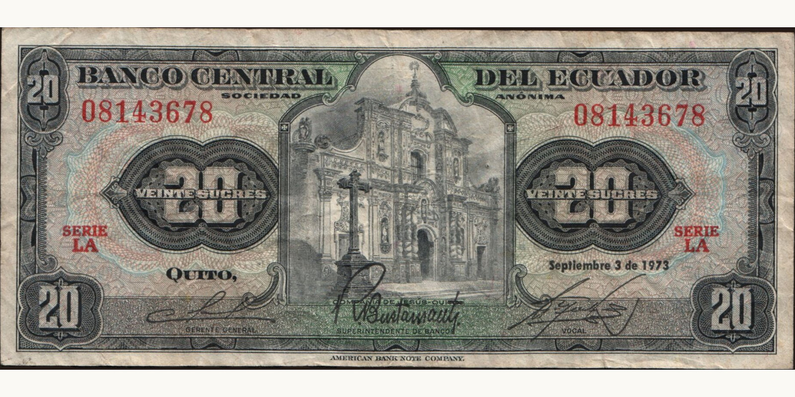 20 sucres Ecuador 1973 — Front side