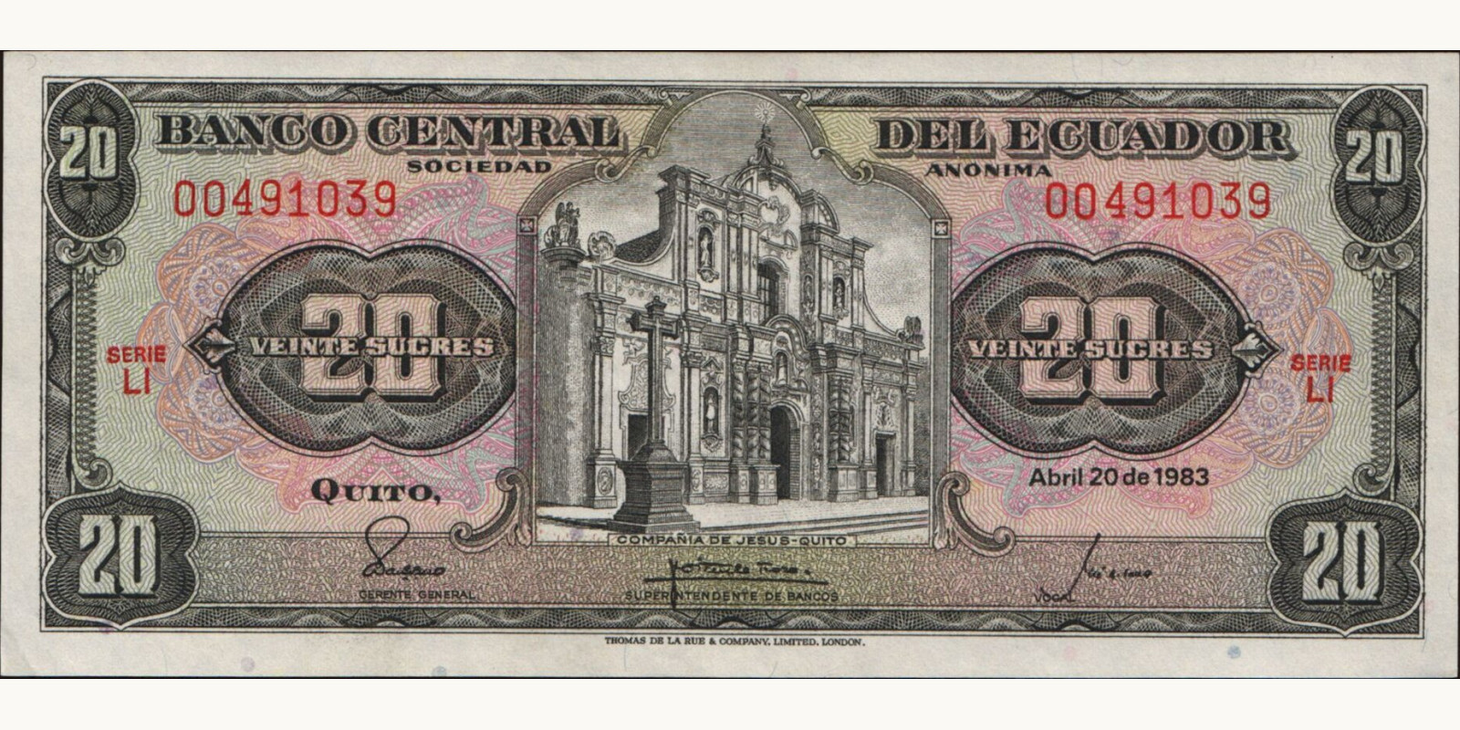 20 sucres Эквадор 1983 — Лицевая сторона