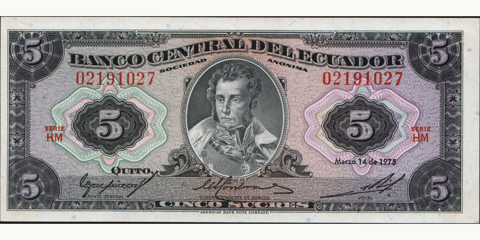 5 sucres Ecuador 1975 — Front side