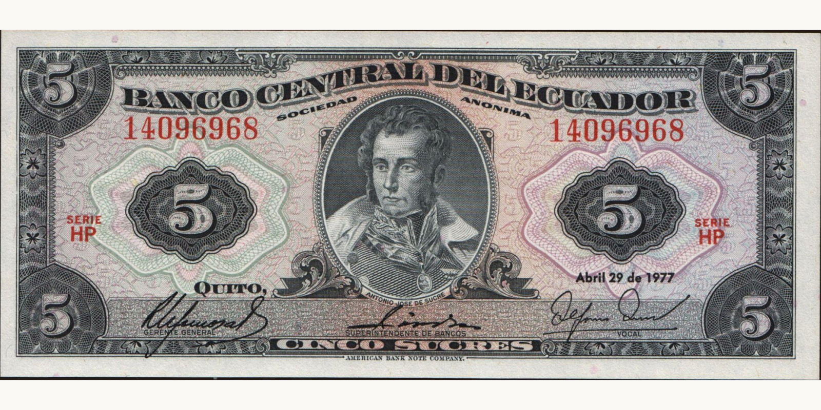 5 sucres Ecuador 1977 — Front side
