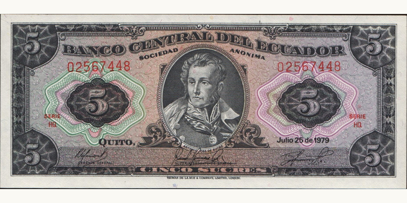 5 sucres Ecuador 1979 — Front side