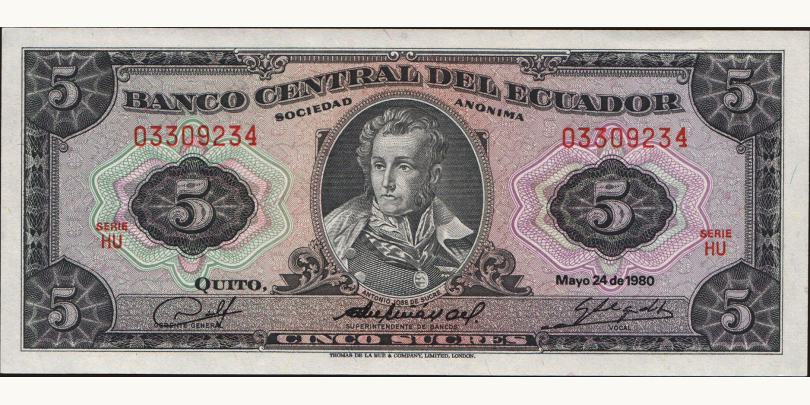 5 sucres Эквадор 1980 — Лицевая сторона