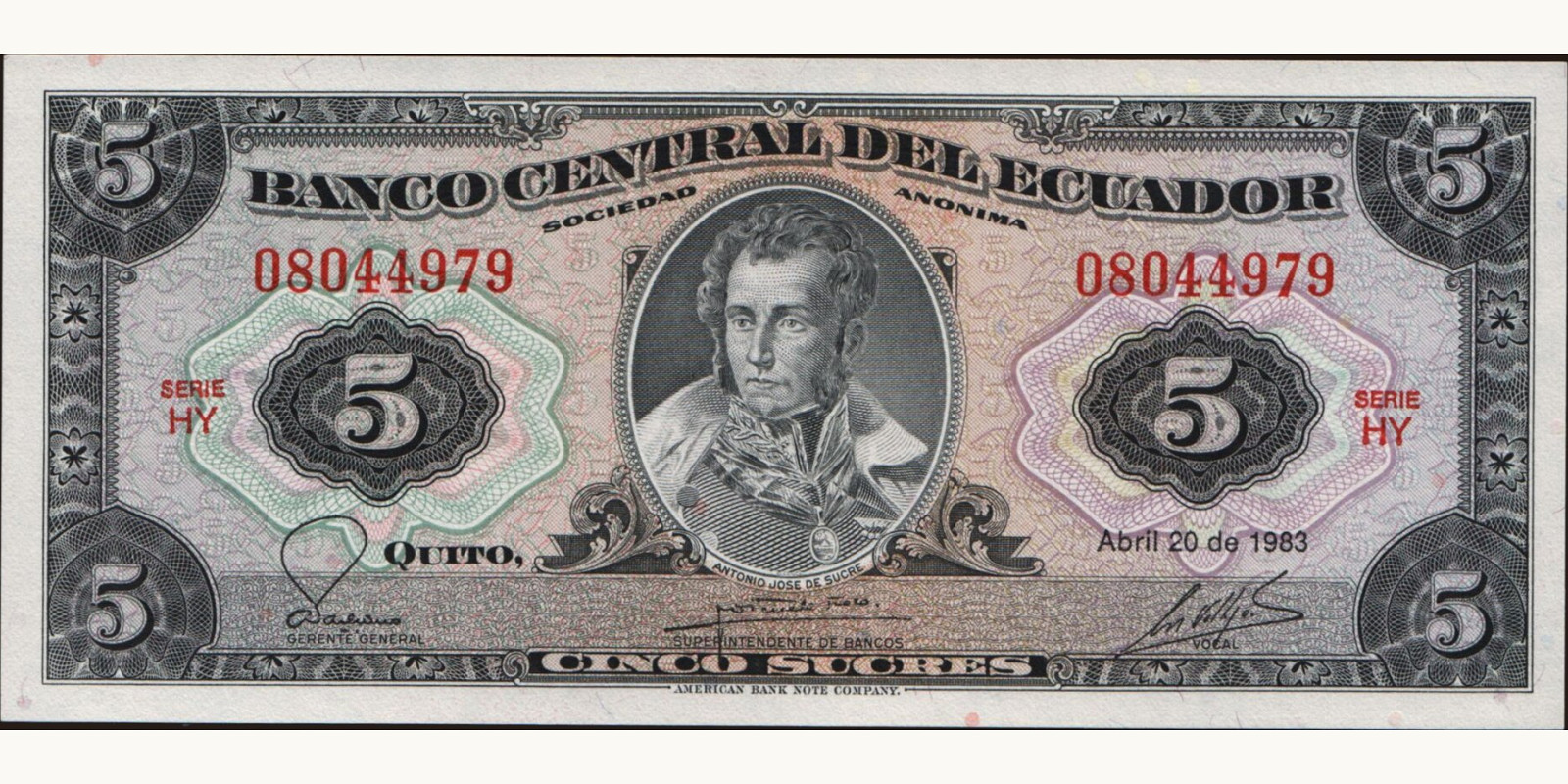 5 sucres Ecuador 1983 — Front side