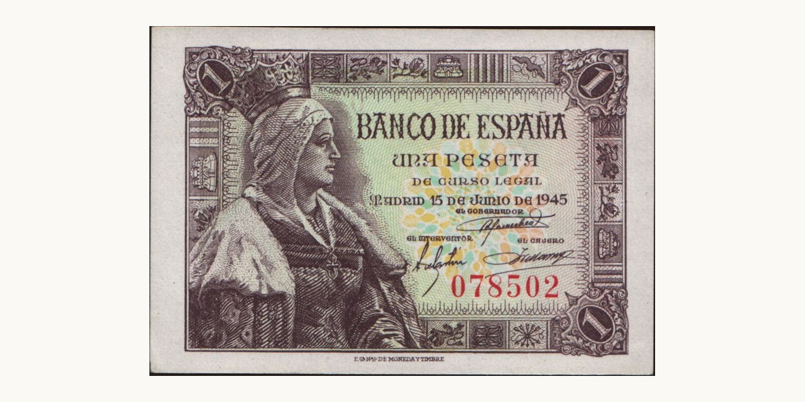 1 peseta Испания 1945 — Лицевая сторона
