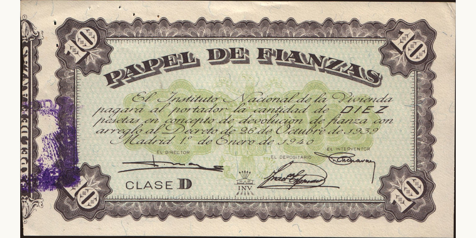 10 pesetas Испания 1940 — Лицевая сторона