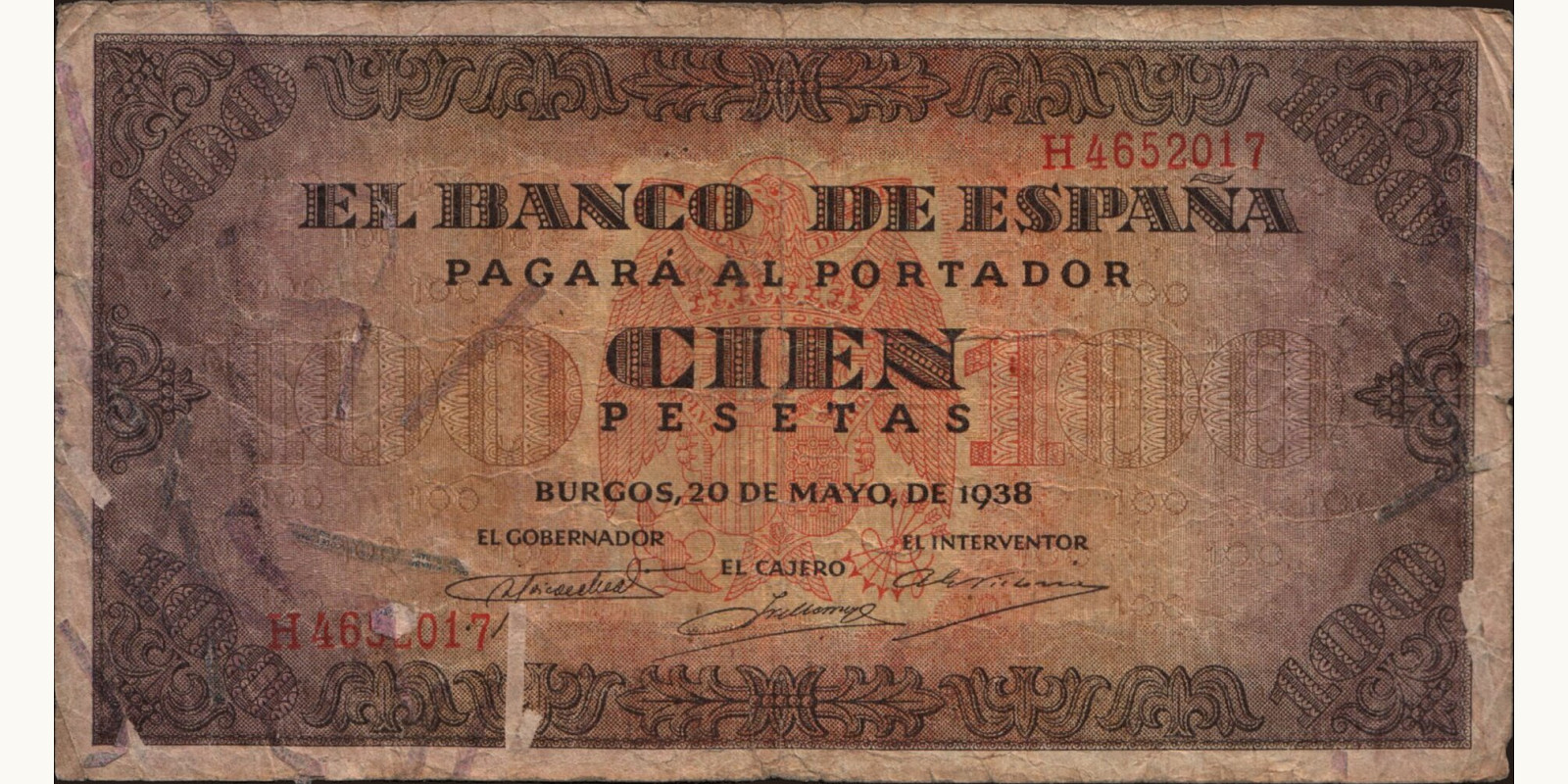 100 pesetas Испания 1938 — Лицевая сторона