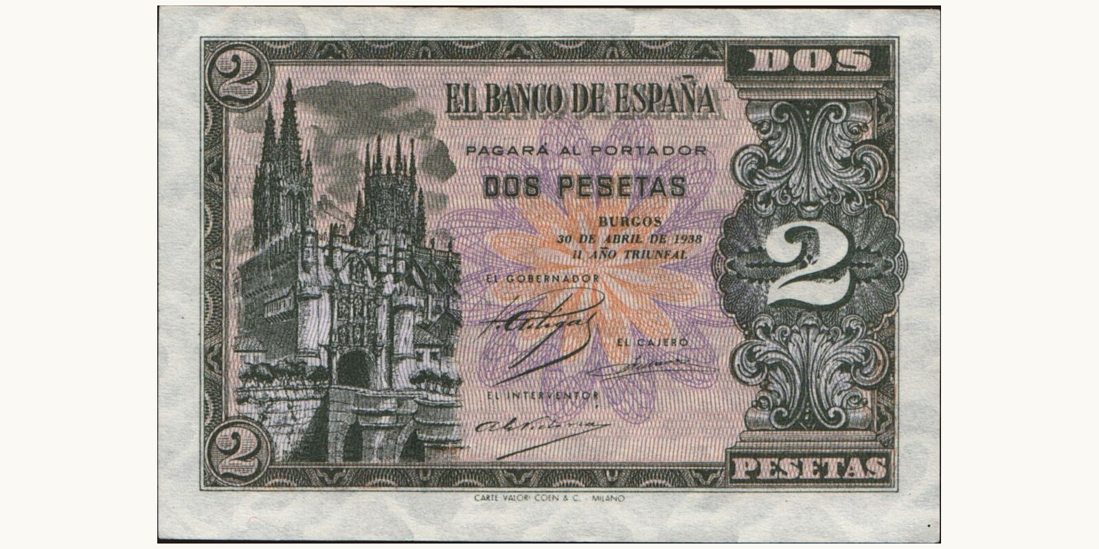 2 pesetas Испания 1938 — Лицевая сторона