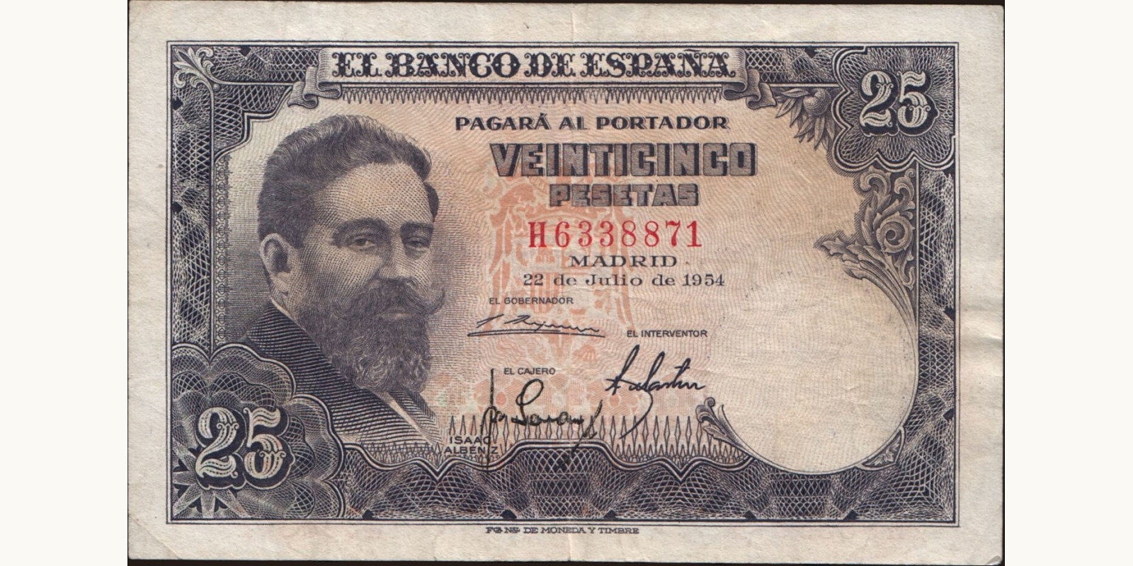 25 pesetas Испания 1954 — Лицевая сторона