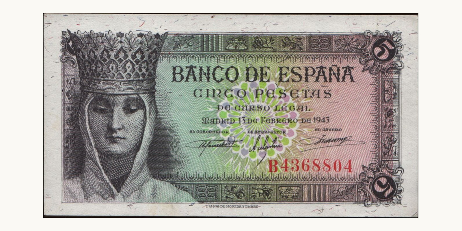 5 pesetas Испания 1943 — Лицевая сторона