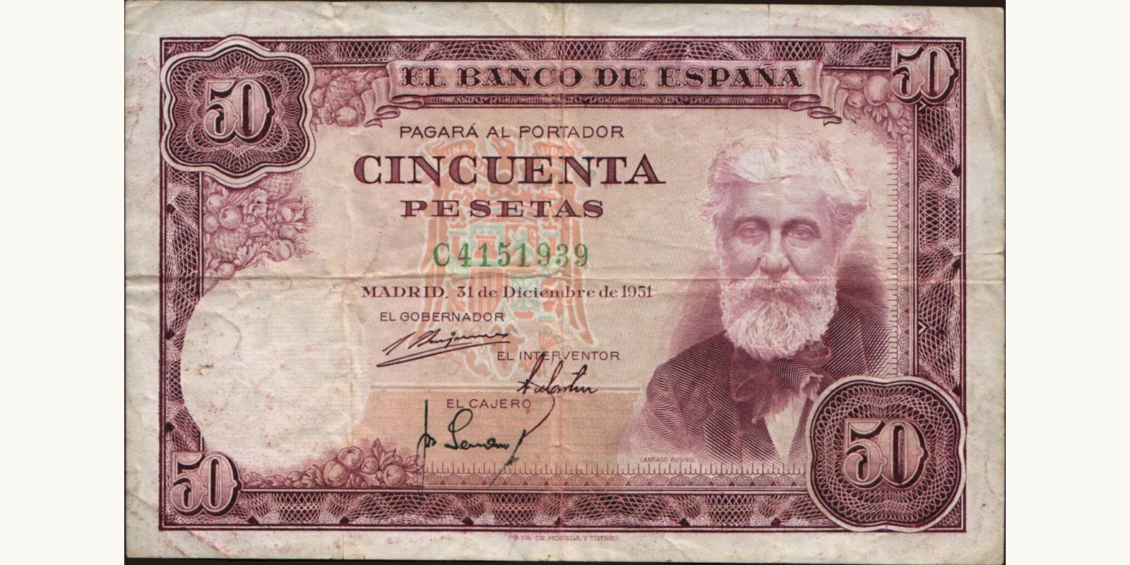 50 pesetas Испания 1951 — Лицевая сторона