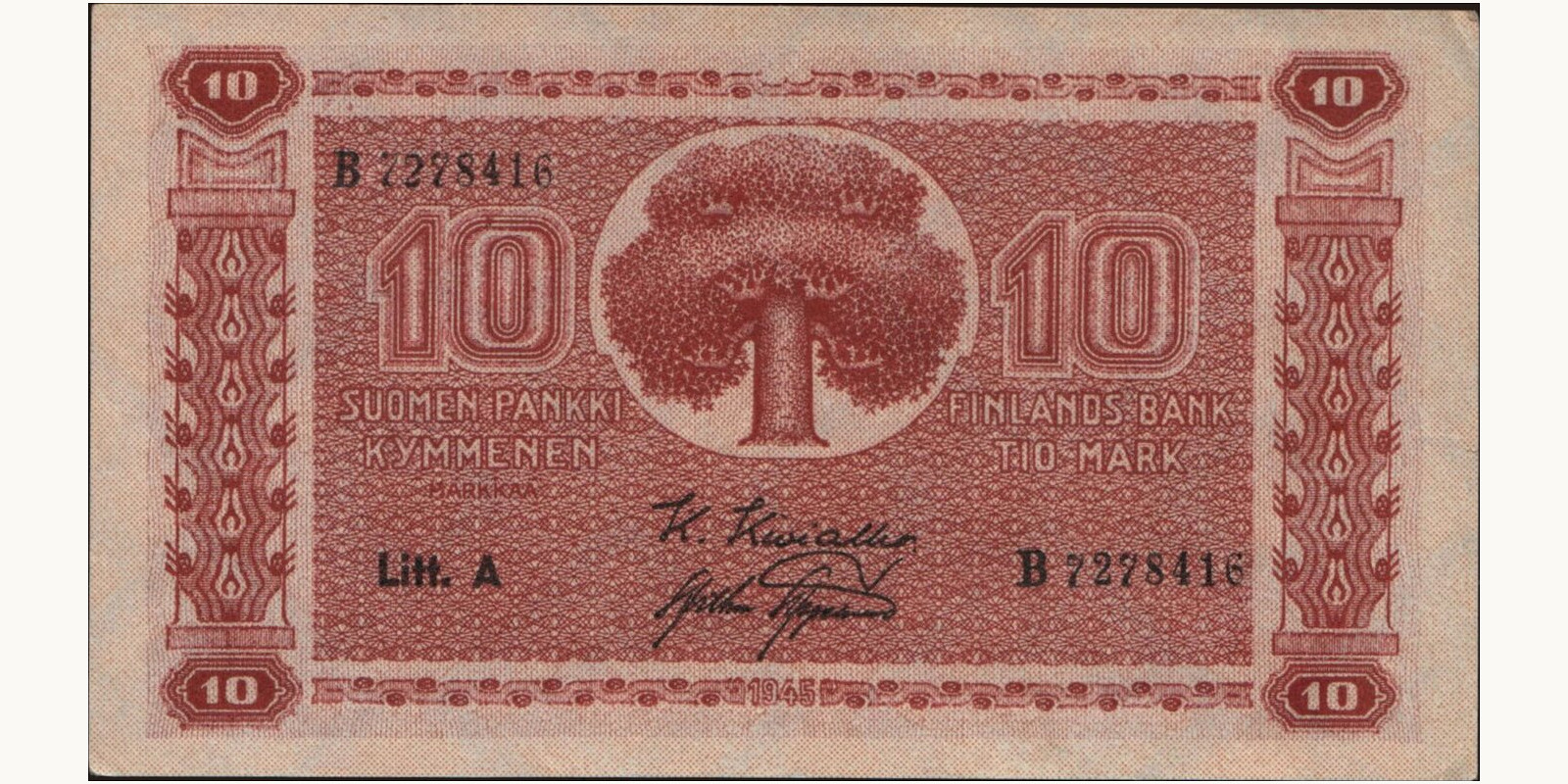 10 mark Финляндия 1945 — Лицевая сторона