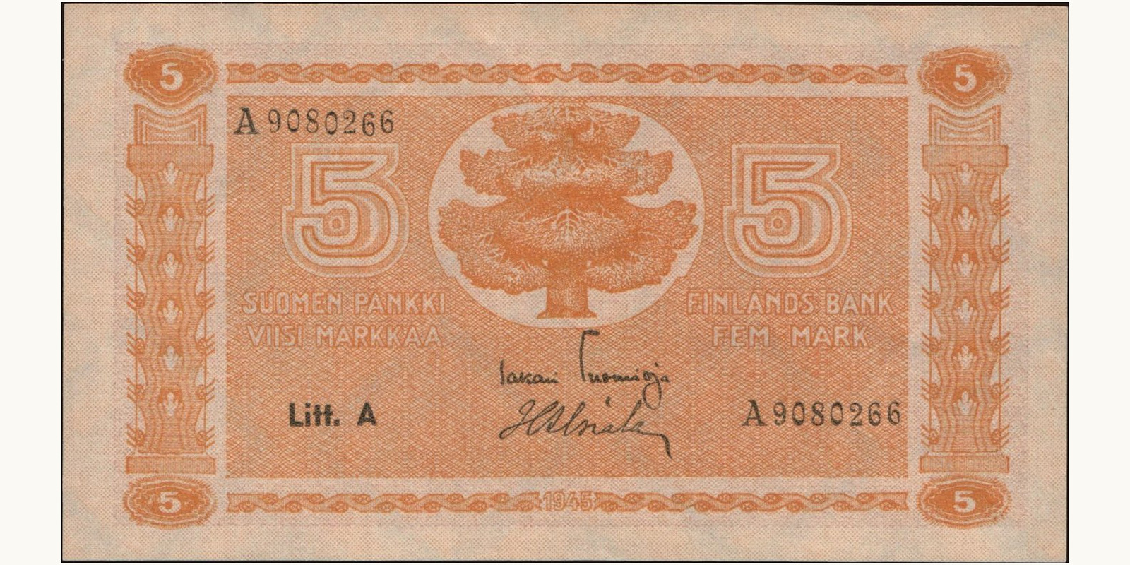 5 mark Finland 1945 — Front side