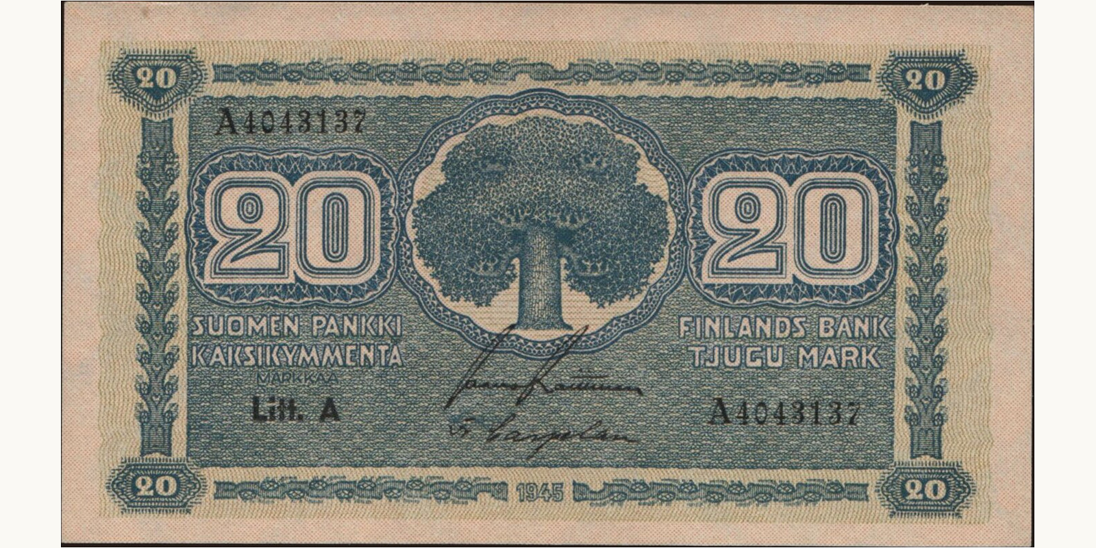 20 mark Finland 1945 — Front side