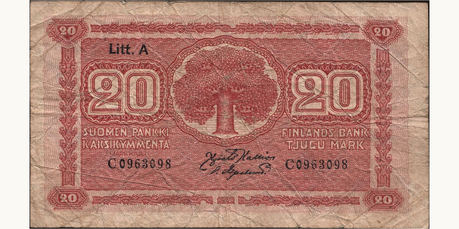 20 mark Финляндия 1922 — Лицевая сторона