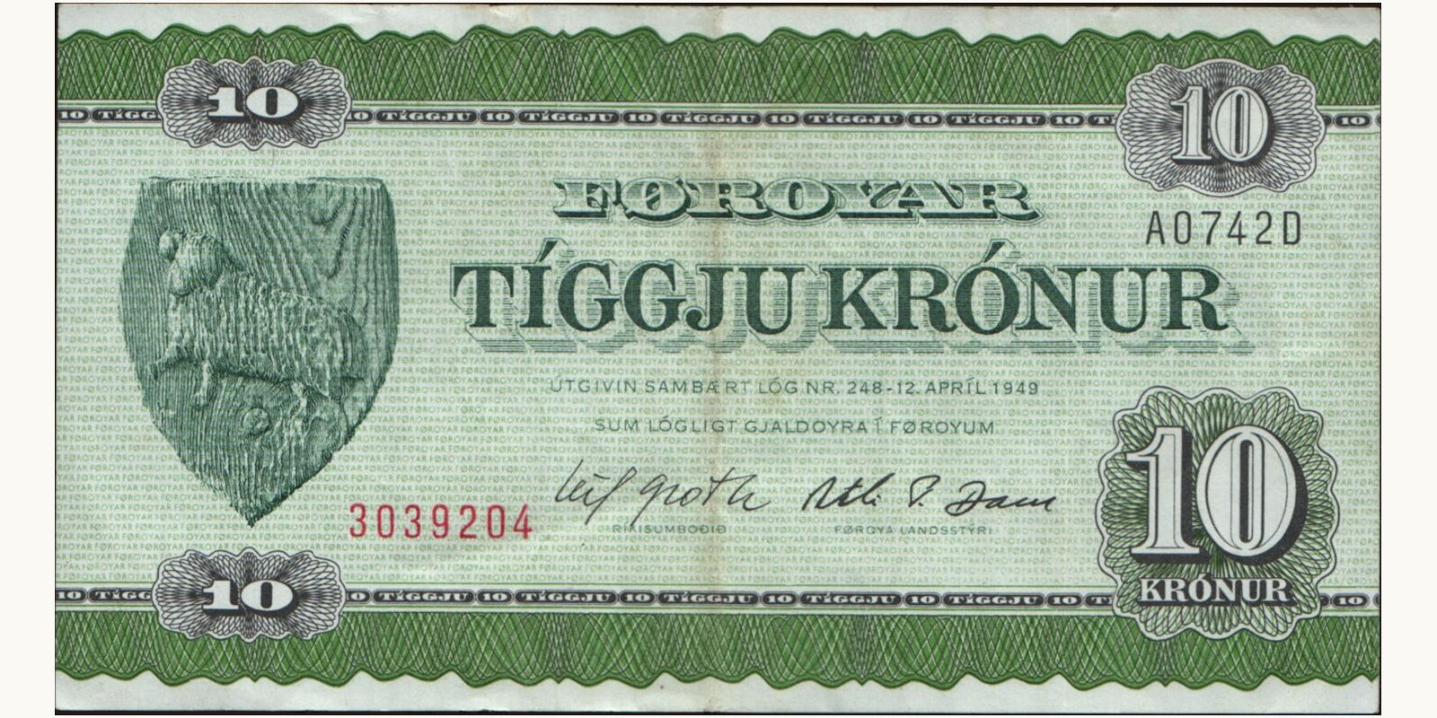 10 kronur Faroe Islands 1974 — Front side