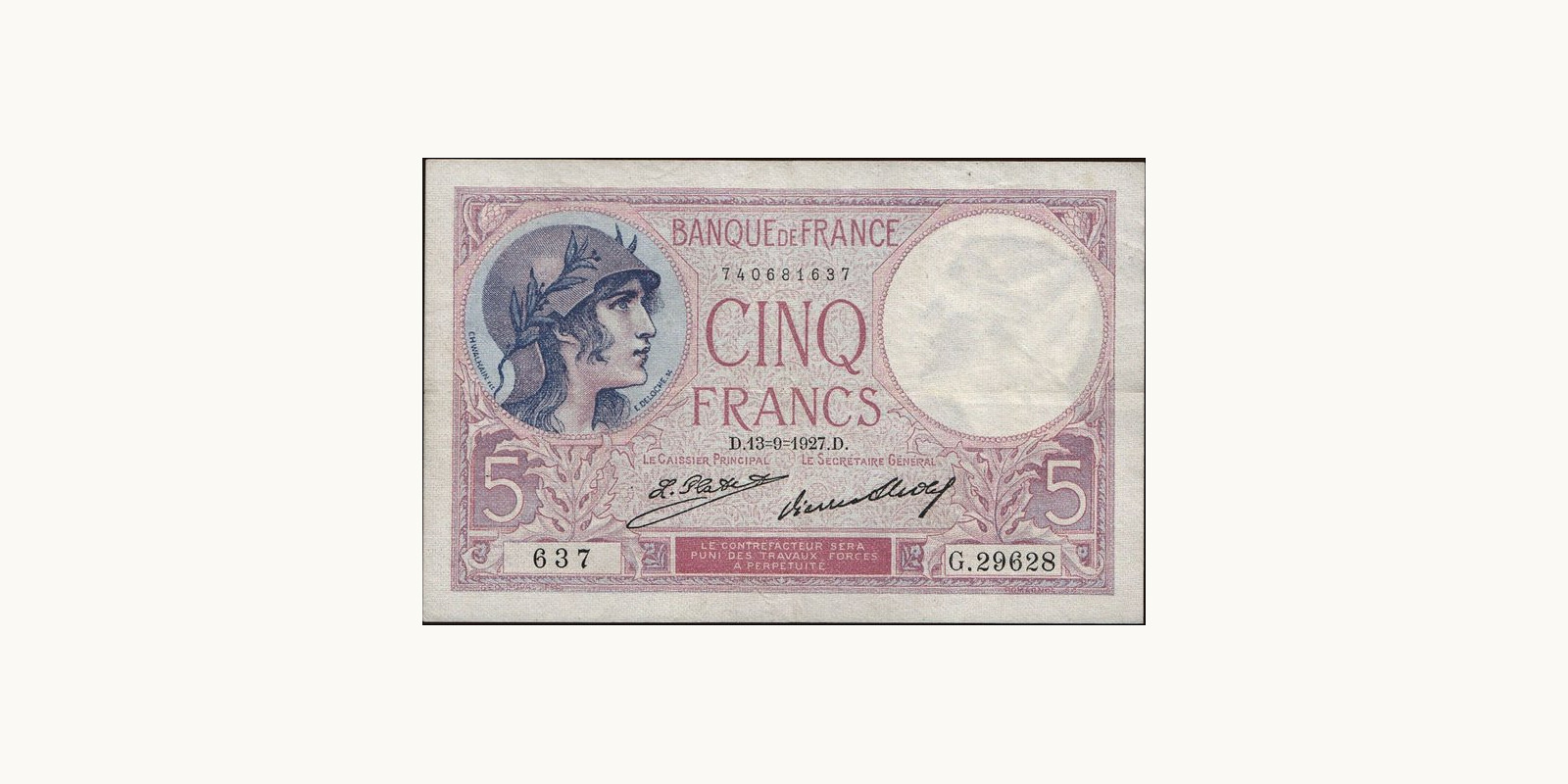 5 franc France 1927 — Front side