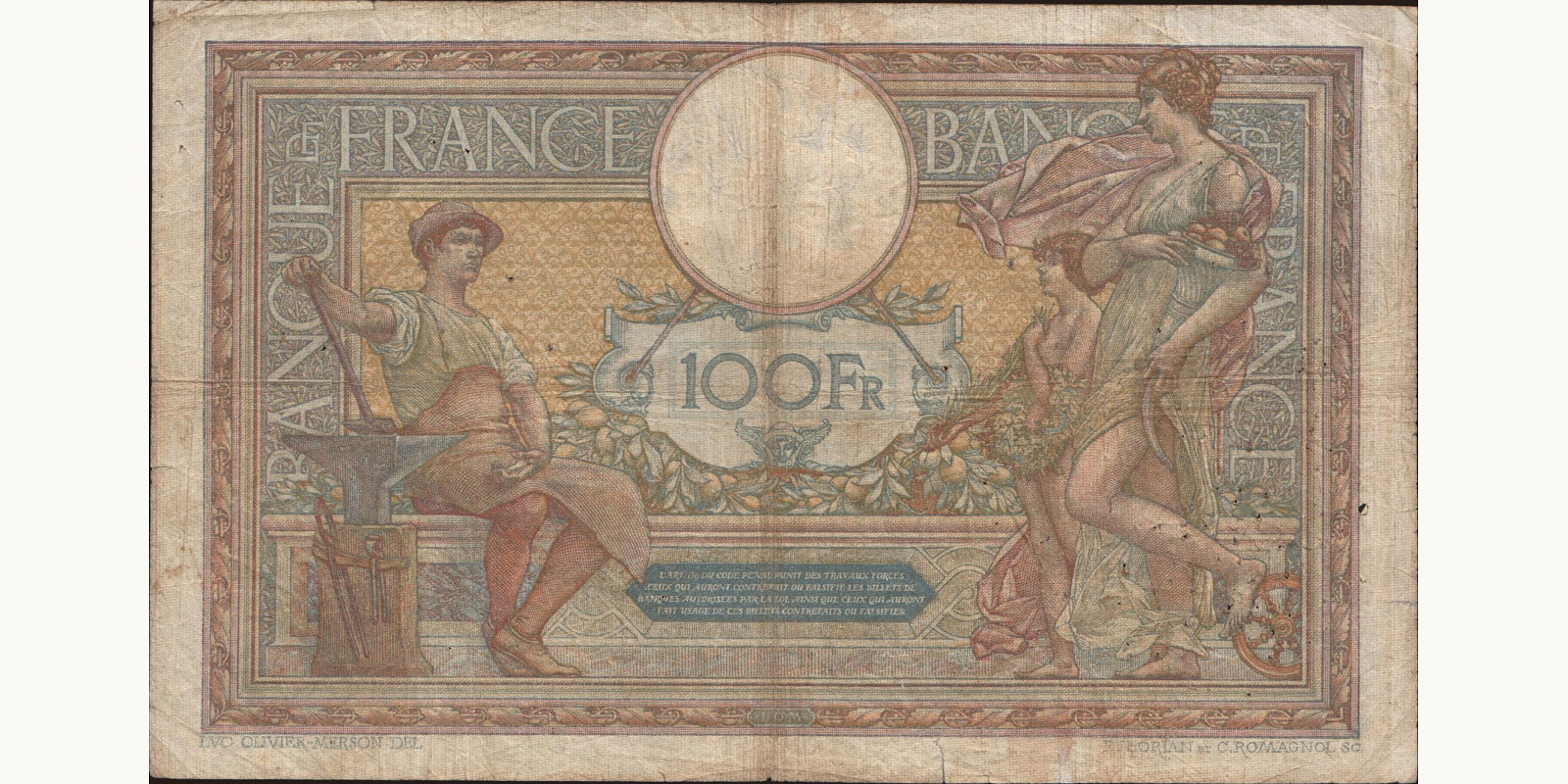 100 franc France 1916 — Back side