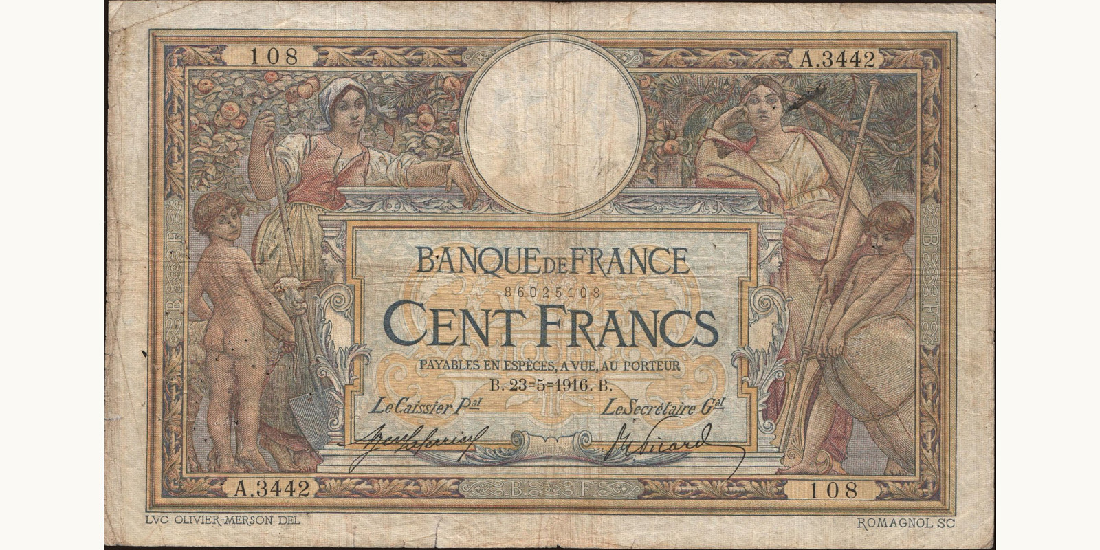 100 franc France 1916 — Front side