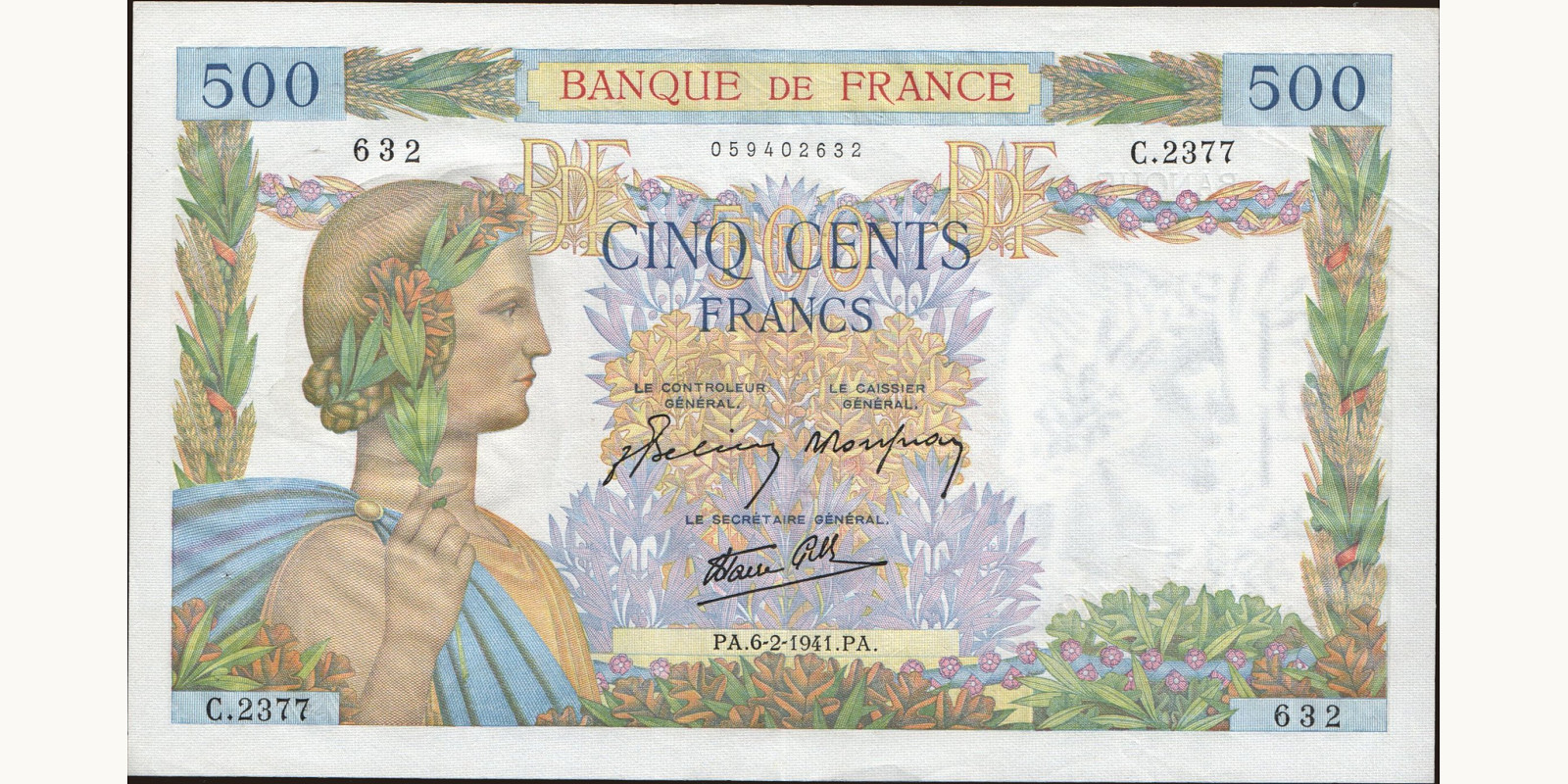 500 franc Франция 1941 — Лицевая сторона