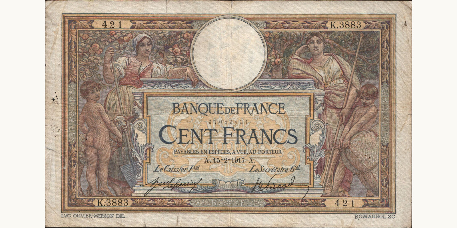 100 franc France 1917 — Front side
