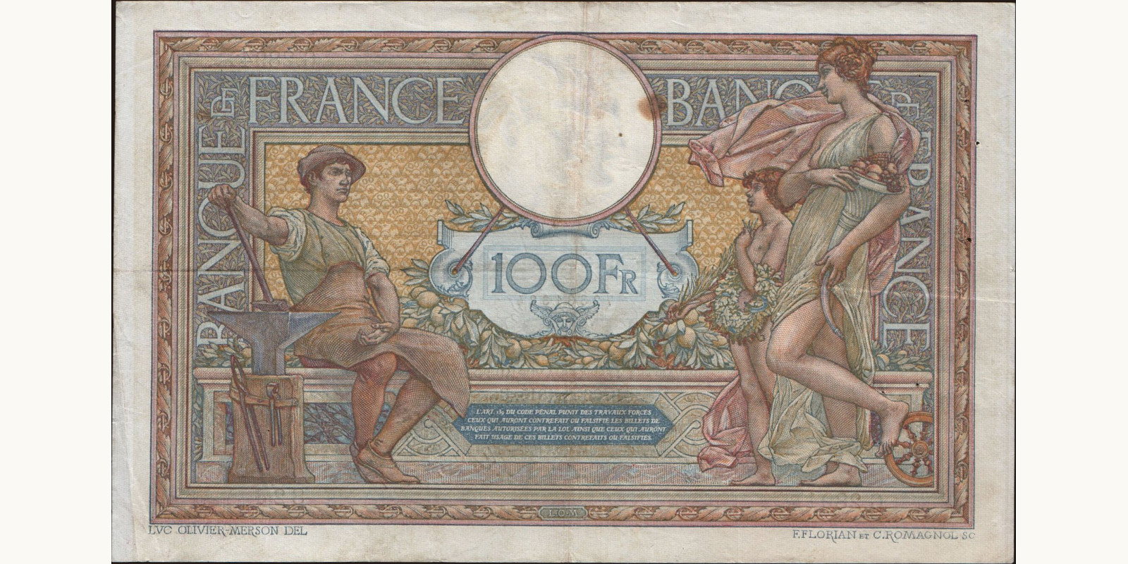 100 franc France 1915 — Back side