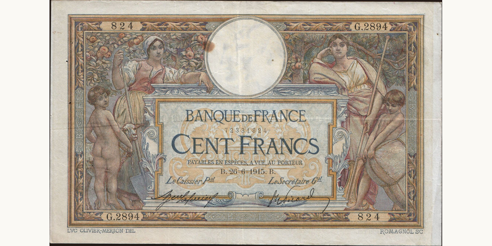 100 franc France 1915 — Front side