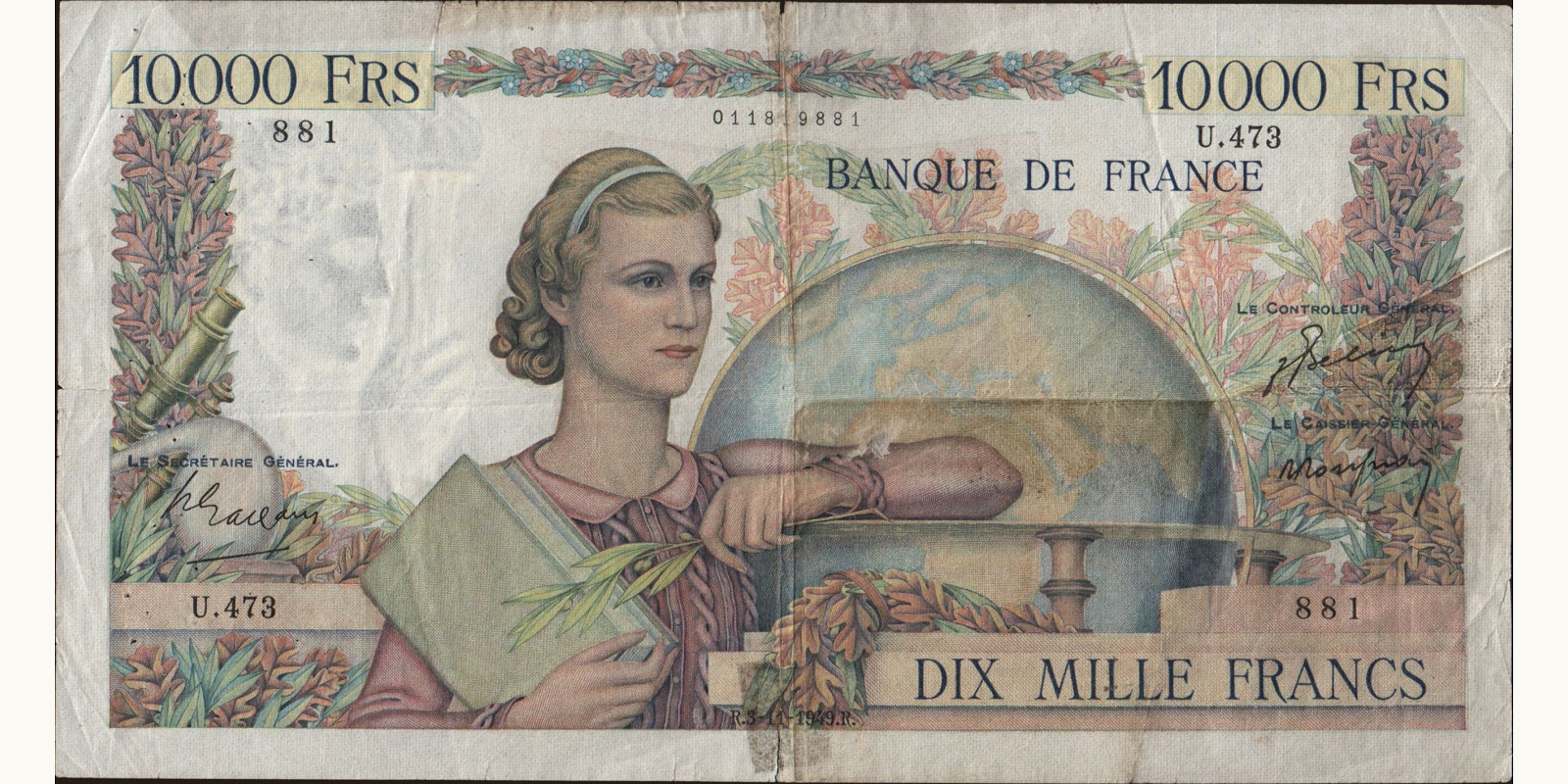 10000 franc Франция 1949 — Лицевая сторона