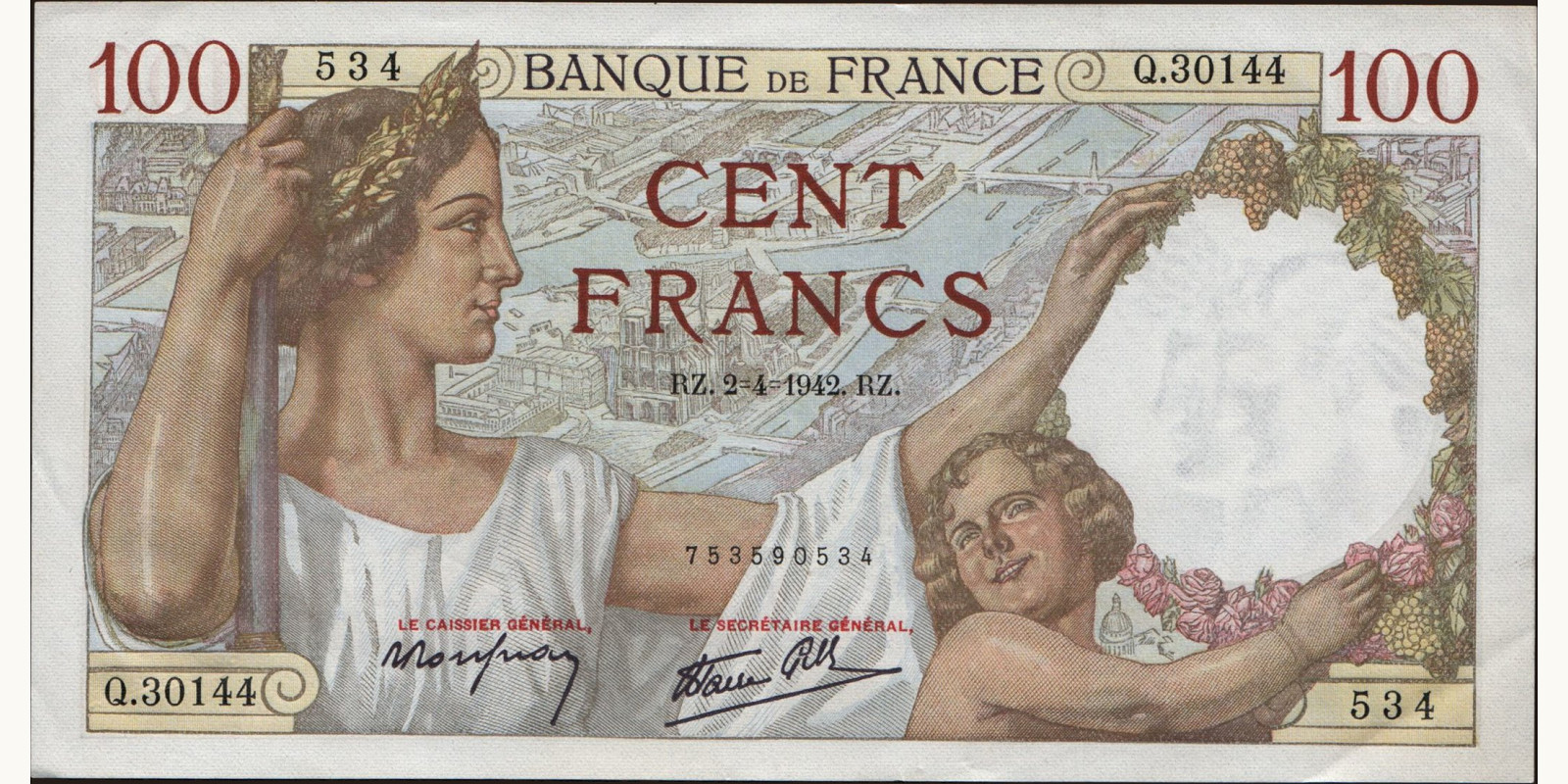 100 franc Франция 1942 — Лицевая сторона